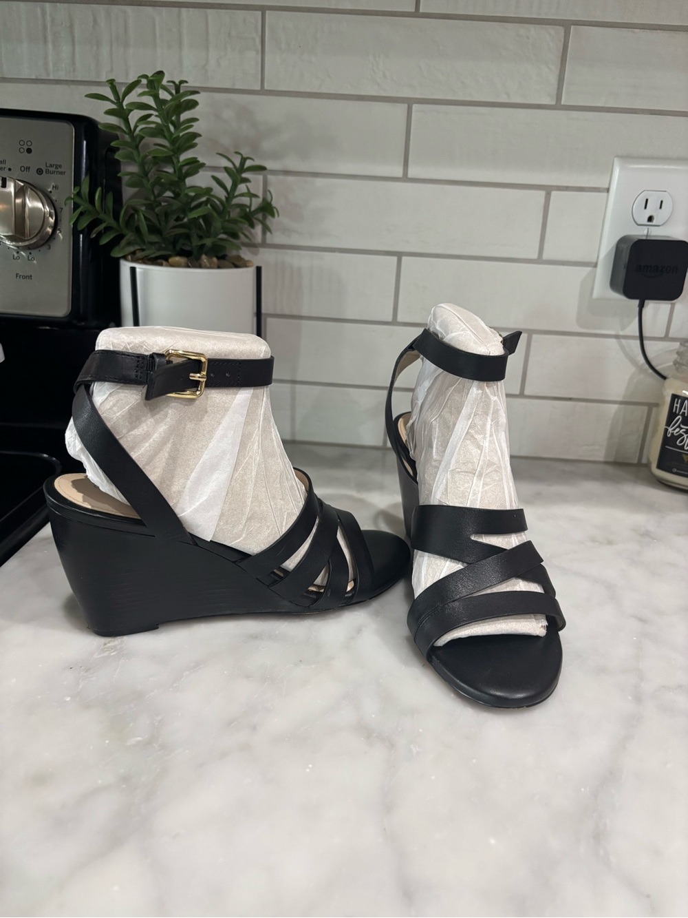 Cole Haan Black Leather Strappy Wedge Sandals Ankle Strap Gold‎ Buckle 7B